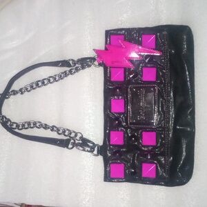 Betseyville Betsy Johnson Black And Pink Studded Fold Over Shoulder Bag